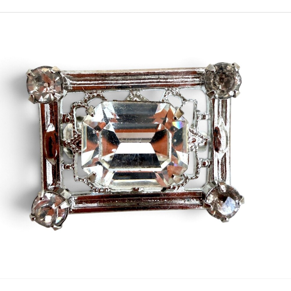 Vintage 1950s Art Deco Style Silver Tone Emerald Cut Rhinestone Rectangle Filigr
